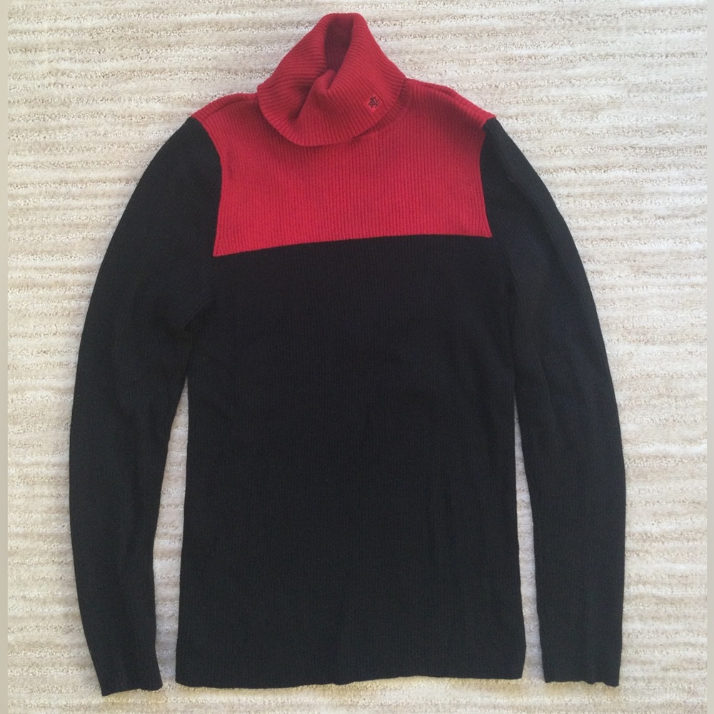 LAUREN RALPH LAUREN Turtleneck Ribbed Sweater Red Black Color Block Size Medium